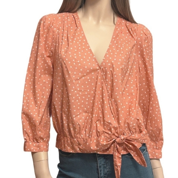 Madewell Blouse Top Shirt Wrap Peach Scatter Star Crossover Waist Tie Size XS - Picture 6 of 10